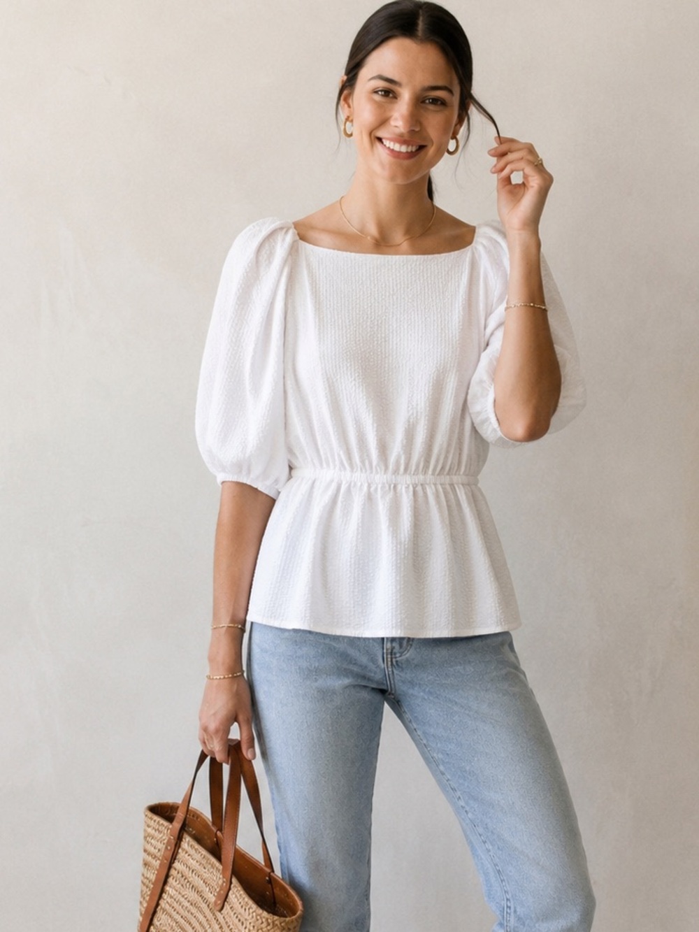 HARSHMAN Los Angeles White Seersucker Puff Sleeve Smocked Waist Top - Size S